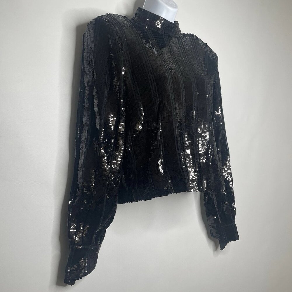 Express Black Sequin Statement Blouse Top Size S Mock Neck Padded Shoulders - Picture 3 of 8